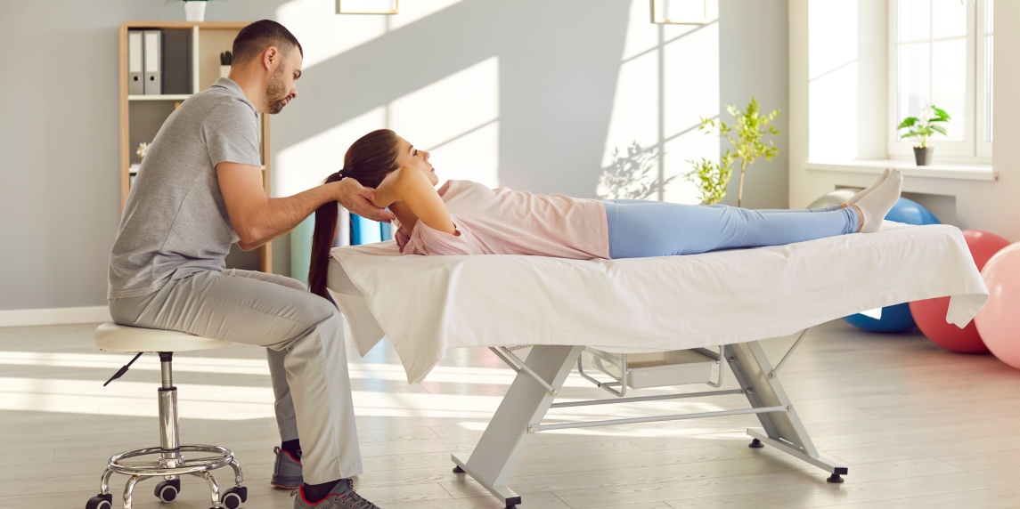 Rehabilitation and head, neck therapy by professional trainer nurse, manual therapy chiropractor and patient lying, physical therapist doctor massage to cure injury trauma, traumatologist, physician